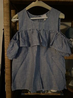 J Crew Striped Cold-Shoulder Ruffle Top - Blue & White